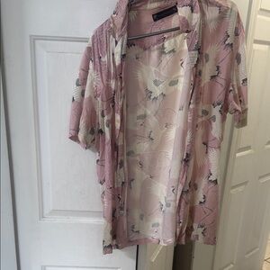 All Saints Pink Crane Print Casual Button Down Shirt